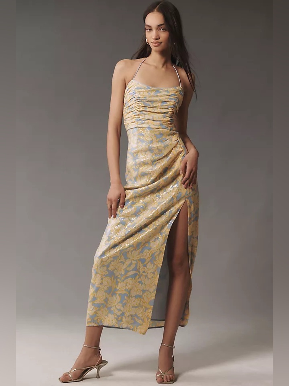 Hutch Anthropologie Tylia Sleeveless Ruched Side Slit Sequin Maxi Dress Size 2